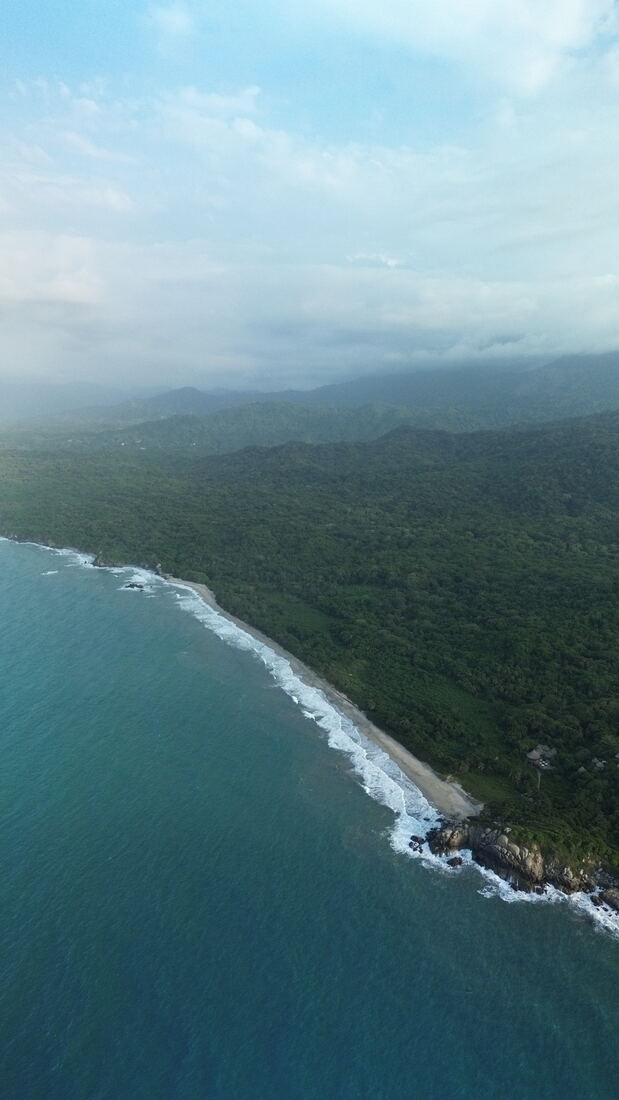 Vista aérea de acantilado verde sobre mar turquesa