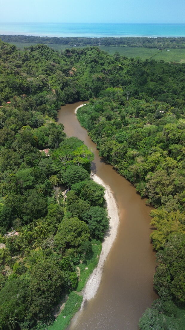 Vista aérea de río desembocando en el mar