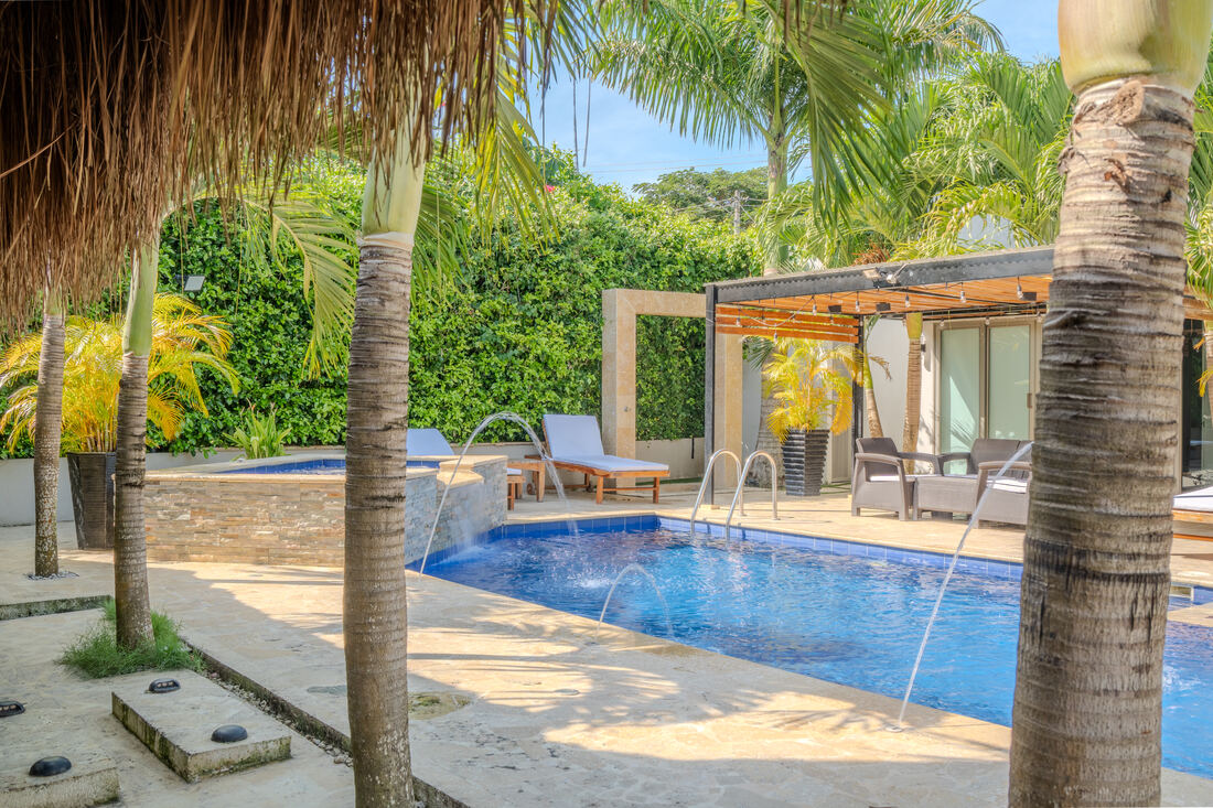 Piscina y jacuzzi de alojamiento bajo palmeras