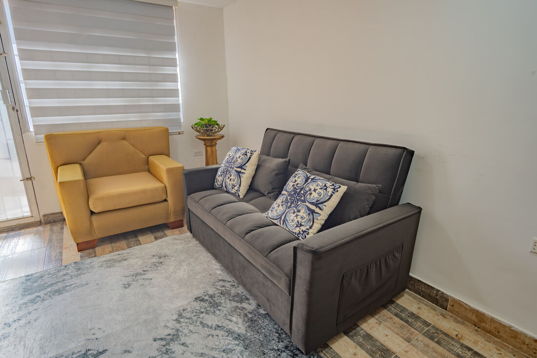 Sala de alojamiento Airbnb con sofá gris